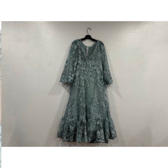 Mac Duggal 20512 Green V-Neck Mesh Puff Sleeve Embellished Tea Length Dress 6 - Picture 2 of 7